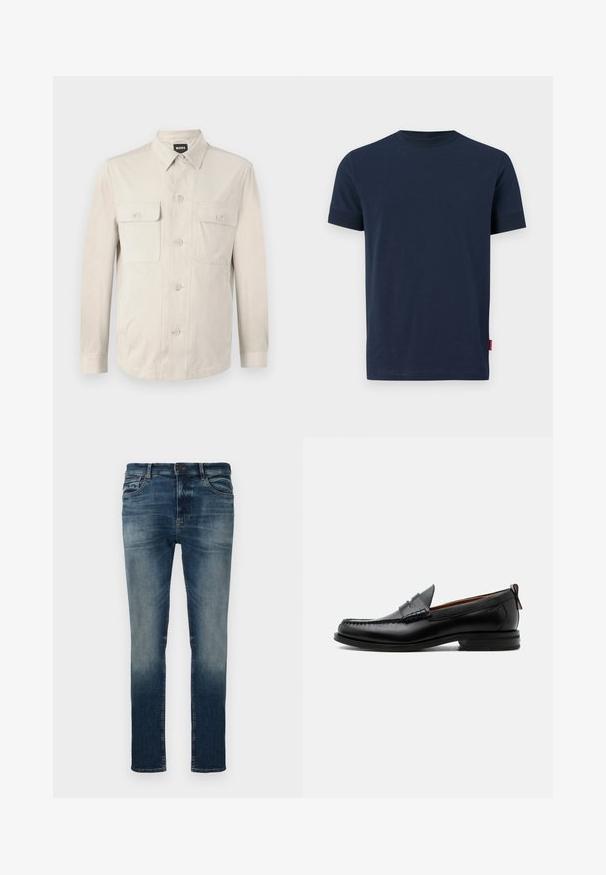 Lichtbeige overhemd met lange mouwen, twee voorkruiden en een klassieke kraag. Gemaakt van een zachte stof met een relaxte pasvorm.; Kneesblauwe katoenen t-shirt met korte mouwen, ronde hals en een klein rood labelaccent aan de onderste linkerzoom. Zachte textuur, eenvoudig ontwerp.; Donkerblauwe denim jeans met een vervaagde was, slim fit, vijfzakken ontwerp, riemlussen en metalen knoopsluiting. Zachte textuur.; Zwarte leren herensloffen met moc toe stiksel, pennyriem, gestructureerde kraag en lage gestapelde hak op witte achtergrond.