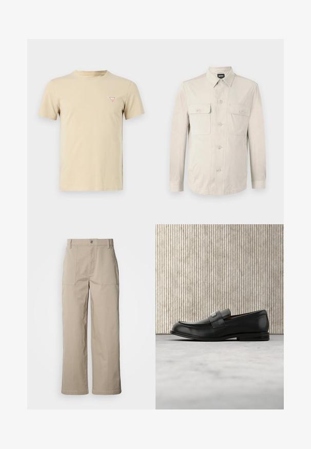Chemise boutonnée beige clair à manches longues, avec deux poches avant et un col classique. Fabriquée en tissu lisse avec une coupe décontractée.; T-shirt en coton beige avec col rond, manches courtes, et un petit logo triangle rouge sur la poitrine gauche. Design sobre, texture douce.; Pantalon beige à jambes larges en coton ; doté de poches plaquées à l'avant, d'une fermeture à bouton et de coutures visibles le long des ourlets.; Mocassin en cuir noir avec une plaque de marque en métal reposant près d'une table ronde marron sur un sol recouvert de moquette beige.