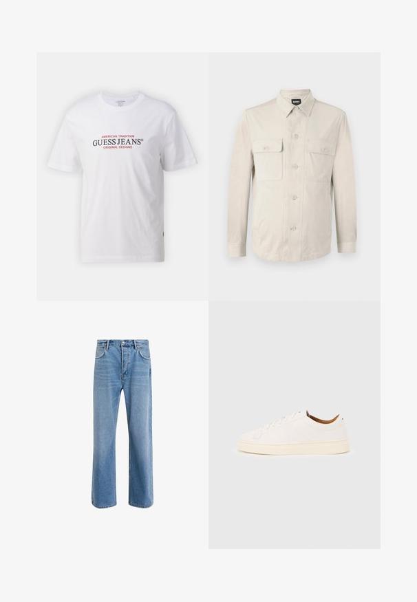 Hellbeige Hemd mit langen Ärmeln, zwei vorderen Taschen und klassischem Kragen. Aus glattem Stoff und in lockerer Passform.; Weißes Baumwoll-T-Shirt mit Rundhalsausschnitt und kurzen Ärmeln, mit rotem und schwarzem Text "GUESS JEANS" und "AMERICAN TRADITION."; Helle blaue Jeans im Geradeschnitt-Design, mit fünf Taschen, Knopfverschluss, minimaler Ausbleichung und kontrastierenden Nähdetails.; Weißer Sneaker mit niedrigem Schaft und Schnürdesign, minimalen Nähten und einer cremefarbenen Sohle auf hellgrauem Hintergrund.