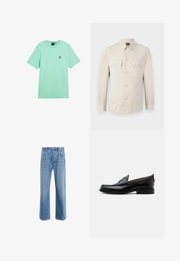 Lys beige skjorte med lange ærmer, to frontlommer og klassisk krave. Fremstillet af glat stof med en afslappet pasform.; Mintgrøn bomuld t-shirt med korte ærmer, rund hals og en lille gul sommerfuglelogo broderet på venstre bryst.; Lyseblå denim jeans med lige ben-design, fem lommer, knaplukning, minimal falming og kontraststingdetaljer.; Sort læder herre loafer med moc-tå syning, penny strop, struktureret krave og lav stablet hæl på hvid baggrund.
