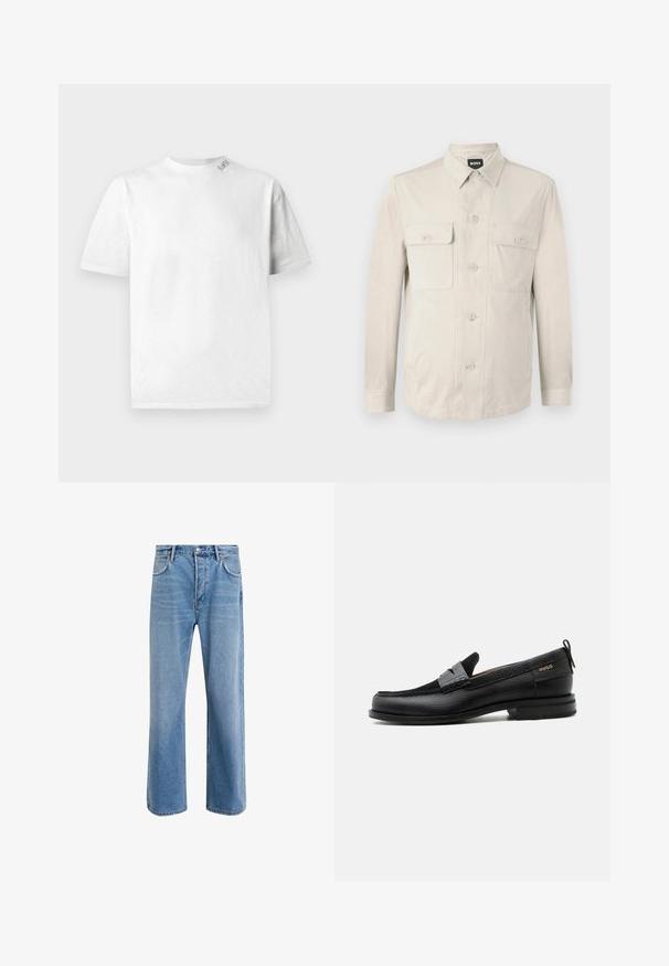 Lys beige skjorte med lange ærmer, to frontlommer og klassisk krave. Fremstillet af glat stof med en afslappet pasform.; Hvid kortærmet T-shirt med rund halsudskæring, der har en subtil tekstur og en lille logo-detail på venstre skulder.; Lyseblå denim jeans med lige ben-design, fem lommer, knaplukning, minimal falming og kontraststingdetaljer.; Sort læderloafer med grå remdetalje, lav hæl og tekstureret sål, mærket med "HUGO" i guld på siden.