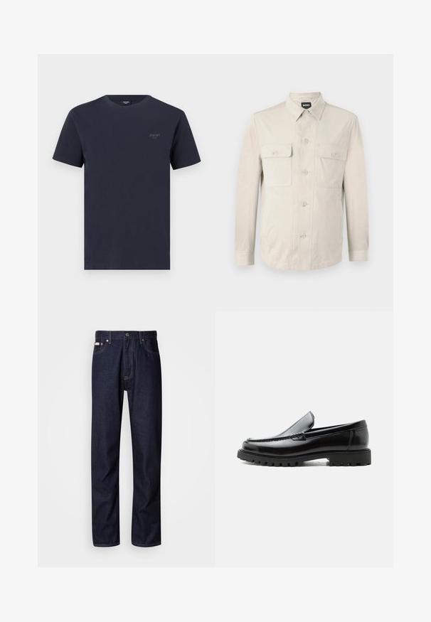 Hellbeige Hemd mit langen Ärmeln, zwei vorderen Taschen und klassischem Kragen. Aus glattem Stoff und in lockerer Passform.; Marineblaues Baumwoll-T-Shirt mit Rundhalsausschnitt, kurzen Ärmeln und einem kleinen, grauen Markenlogo auf der linken Brust. Angenehme Textur.; Dunkelblaue Denim-Jeans mit geradem Bein, ausgestattet mit einem Knopfverschluss, fünf Taschen und kontrastierenden Nähten.; Schwarzer Lederloafer mit grober Gummisohle, genähter Oberseite und geprägtem Markennamen an der Ferse, seitlich auf weißem Hintergrund gezeigt.