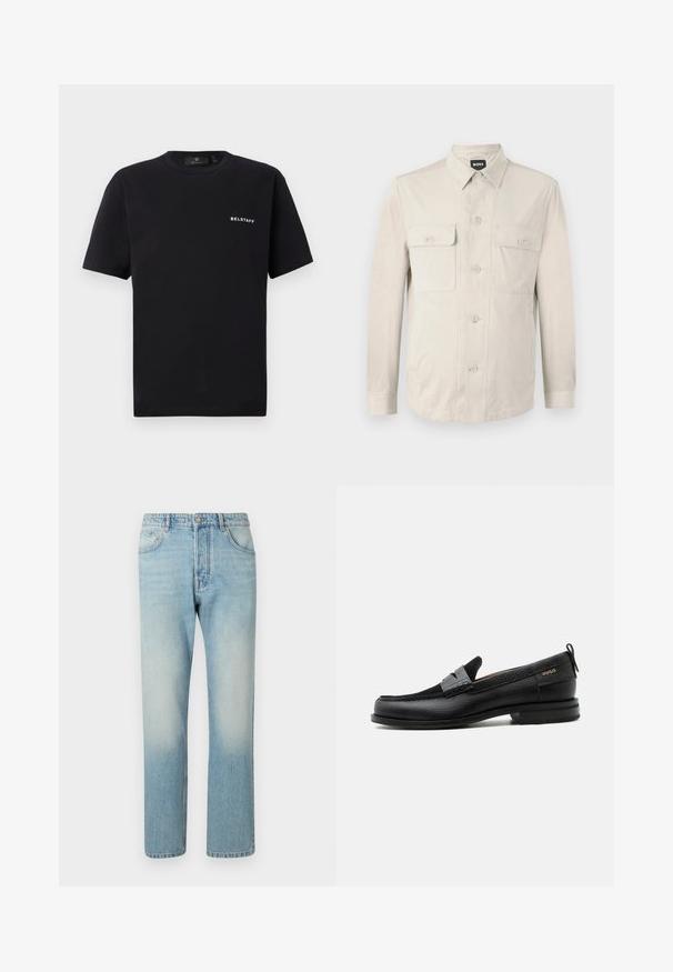 Hellbeige Hemd mit langen Ärmeln, zwei vorderen Taschen und klassischem Kragen. Aus glattem Stoff und in lockerer Passform.; Schwarzes Kurzarm-Crewneck-T-Shirt mit kleinem weißen "BELSTAFF"-Logo auf der linken Brust vor einem schlichten Hintergrund.; Helle blaue Jeans aus Denim mit geradem Bein, fünf Taschen und einem ausgewaschenen Effekt an den Oberschenkeln.; Schwarzer Lederloafer mit grauem Riemendetail, niedrigem Absatz und strukturierter Sohle, seitlich mit „HUGO“ in Gold gebrandmarkt.