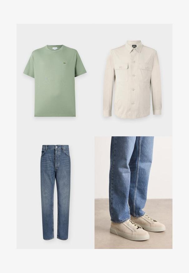 Hellbeige Hemd mit langen Ärmeln, zwei vorderen Taschen und klassischem Kragen. Aus glattem Stoff und in lockerer Passform.; Hellgrünes Baumwoll-T-Shirt mit Rundhalsausschnitt, kurzen Ärmeln und einem kleinen Logo auf der linken Brust. Glatte Textur, normale Passform.; Gerade geschnittene blaue Jeans aus Denim mit hoher Taille, Frontknopfverschluss und Fünf-Taschen-Design auf einem schlichten hellen Hintergrund.; BOSS GARYTENN_SDHDEL - Sneaker low - natural ten