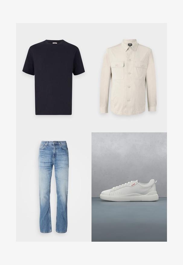 Lys beige skjorte med lange ærmer, to frontlommer og klassisk krave. Fremstillet af glat stof med en afslappet pasform.; Marineblå bomulds T-shirt med rund halsudskæring, korte ærmer og afslappet pasform; glat tekstur; ingen synlige mønstre eller hardware.; Lyseblå denimjeans med lige ben, slidt finish, fem lommer og knaplukning. Klassisk design og medium tykkelse.; Hvide sneakers med en glat læderfinish, rund tå, fire snørehuller, subtile perforeringer og en rød logo detalje på siden.