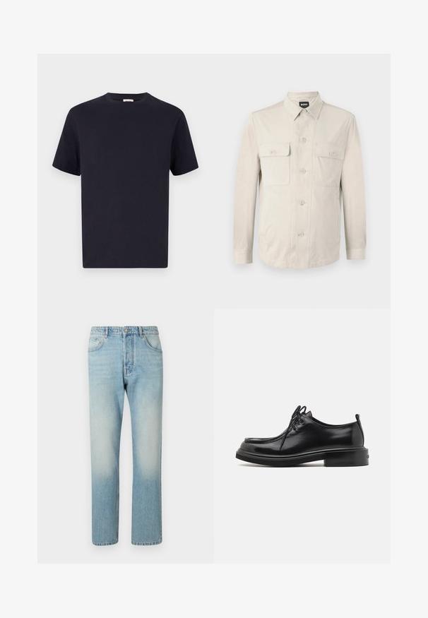 Lichtbeige overhemd met lange mouwen, twee voorkruiden en een klassieke kraag. Gemaakt van een zachte stof met een relaxte pasvorm.; Navy blauwe katoenen T-shirt met een ronde hals, korte mouwen en een relaxte pasvorm; gladde textuur; geen zichtbare patronen of hardware.; Lichtblauwe jeans van denim, met een rechte pijpdesign, vijf zakken en een vervaagde was-effect op de dijen.; Calvin Klein LACE UP APRON BRUSH OFF - Veterschoenen - black