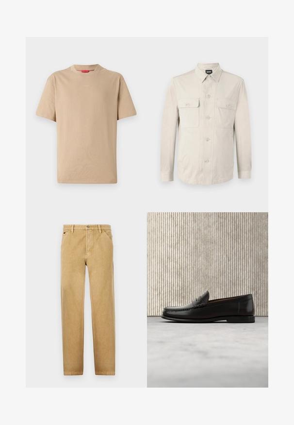 Chemise boutonnée beige clair à manches longues, avec deux poches avant et un col classique. Fabriquée en tissu lisse avec une coupe décontractée.; T-shirt en coton beige à manches courtes, col rond, avec un logo "HUGO" discret au centre. Texture lisse, coupe décontractée.; Chinos beiges avec une coupe droite, fabriqués dans un tissu doux. Présentent des poches avant, une fermeture à bouton et des détails de couture subtils.; Mocassin penny en cuir noir avec talon bas, bout arrondi et détails cousus à l'avant et sur les côtés, présenté sur un fond neutre.
