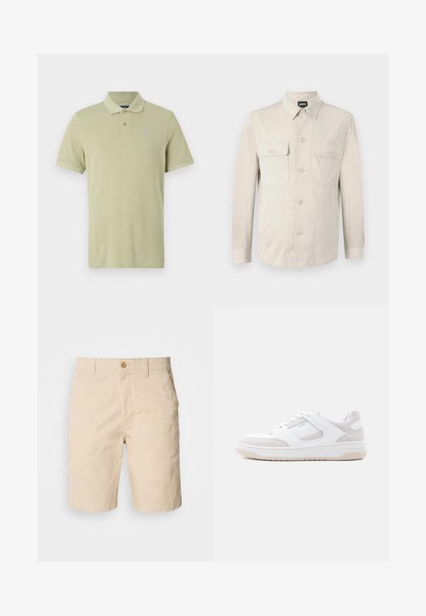 Hellbeige Hemd mit langen Ärmeln, zwei vorderen Taschen und klassischem Kragen. Aus glattem Stoff und in lockerer Passform.; Hellgrünes Polohemd aus Baumwolle mit einer Drei-Knopf-Leiste, kurzen Ärmeln und einem kleinen bestickten Logo auf der Brust.; Beige Baumwollshorts mit einem Knopfverschluss an der Front, Seitentaschen und geradem Schnitt. Glatte Textur mit klaren Nähdetails.; Schwarzer Sneaker in Weiß und hellem Beige mit Schnürverschluss, gepolstertem Kragen und Gummisohle vor einfachem hellem Hintergrund.