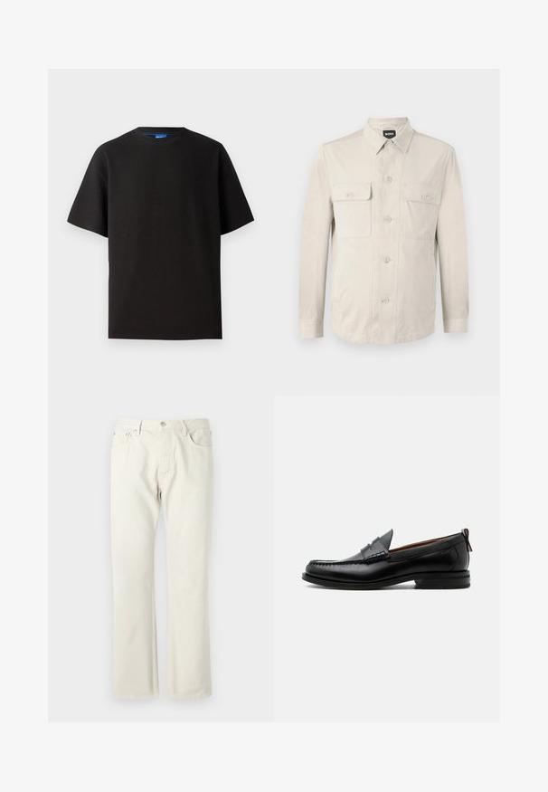 Hellbeige Hemd mit langen Ärmeln, zwei vorderen Taschen und klassischem Kragen. Aus glattem Stoff und in lockerer Passform.; Schwarzes T-Shirt mit kurzen Ärmeln, Rundhalsausschnitt, aus Rippstoff gefertigt. Hat einen lockeren Schnitt und ein dezentes blaues Markenetikett im Halsbereich.; Hellbeige gerade geschnittene Jeans aus Baumwoll-Denim. Mit Taschen, klassischem Knopfverschluss und einer subtilen Textur ohne Muster.; Schwarzer Leder-Herrenschuh mit Mokassinnaht, Penny-Riemen, strukturiertem Kragen und niedrigem gestapeltem Absatz auf weißem Hintergrund.