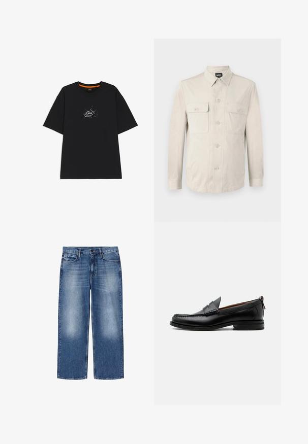 Hellbeige Hemd mit langen Ärmeln, zwei vorderen Taschen und klassischem Kragen. Aus glattem Stoff und in lockerer Passform.; Schwarzes T-Shirt mit kurzen Ärmeln und Rundhalsausschnitt, in der Mitte ein weißes, rissartiges grafisches Motiv mit dem Wort "BOSS".; Hellblaue, ausgewaschene Straight-Leg-Denim-Jeans mit fünf Taschen und Knopfverschluss, flach auf weißem Hintergrund dargestellt.; Schwarzer Leder-Herrenschuh mit Mokassinnaht, Penny-Riemen, strukturiertem Kragen und niedrigem gestapeltem Absatz auf weißem Hintergrund.