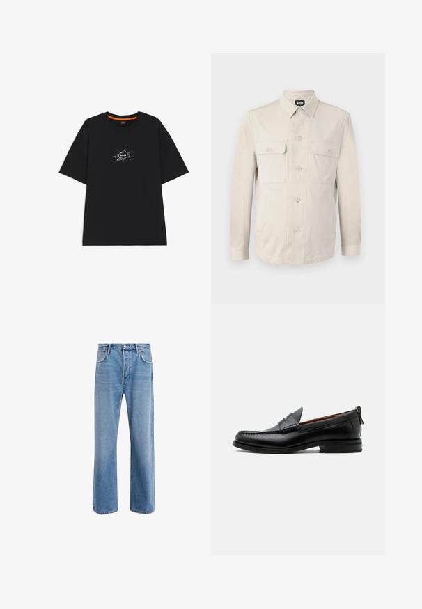 Hellbeige Hemd mit langen Ärmeln, zwei vorderen Taschen und klassischem Kragen. Aus glattem Stoff und in lockerer Passform.; Schwarzes T-Shirt mit kurzen Ärmeln und Rundhalsausschnitt, in der Mitte ein weißes, rissartiges grafisches Motiv mit dem Wort "BOSS".; Helle blaue Jeans im Geradeschnitt-Design, mit fünf Taschen, Knopfverschluss, minimaler Ausbleichung und kontrastierenden Nähdetails.; Schwarzer Leder-Herrenschuh mit Mokassinnaht, Penny-Riemen, strukturiertem Kragen und niedrigem gestapeltem Absatz auf weißem Hintergrund.