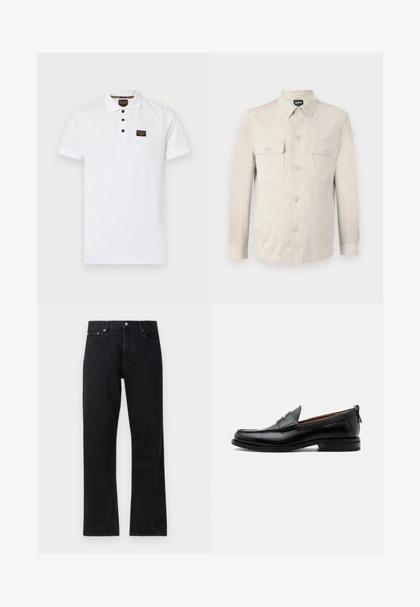 Lys beige skjorte med lange ærmer, to frontlommer og klassisk krave. Fremstillet af glat stof med en afslappet pasform.; Hvid polo-shirt lavet af tekstureret bomuld, med en tre-knap lukning, korte ærmer og et sort logo-patch på brystet.; Sorte denim jeans med lige ben-design, med knaplukning, fem-lomme stil og diskrete stikninger.; Sort læder herre loafer med moc-tå syning, penny strop, struktureret krave og lav stablet hæl på hvid baggrund.