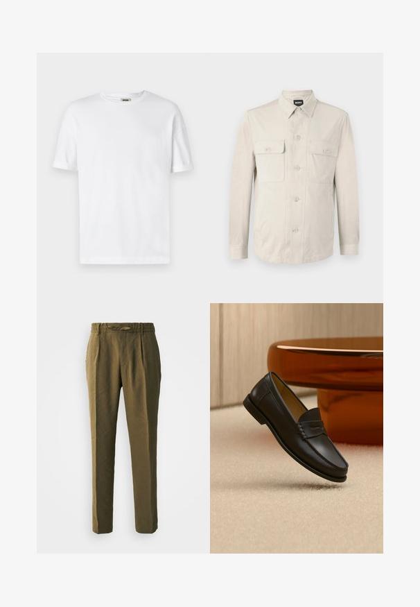 Camisa abotonada beige claro con mangas largas, dos bolsillos frontales y collar clásico. Hecha de una tela suave con un ajuste relajado.; Camiseta de algodón blanca con cuello redondo, mangas cortas y puños enrollados; diseño sin adornos, textura suave y corte recto.; Pantalones verde oliva hechos de material suave, con un corte holgado, frente plisado y una cinturilla elástica con un cordón a juego.; Zapato mocasín de cuero negro suspendido sobre una alfombra beige con muebles modernos de color ámbar en el fondo.