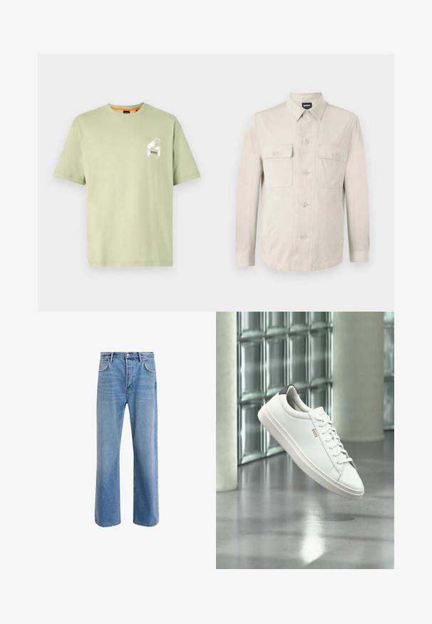 Lys beige skjorte med lange ærmer, to frontlommer og klassisk krave. Fremstillet af glat stof med en afslappet pasform.; Lys grøn bomuld t-shirt med rund hals, korte ærmer og et hvidt logo trykt på brystlommen. Glat tekstur og afslappet pasform.; Lyseblå denim jeans med lige ben-design, fem lommer, knaplukning, minimal falming og kontraststingdetaljer.; Hvid læder lav-top sneaker med snørebånd, sort hælflig og "BOSS"-logo, svævende indendørs nær glasblok væg og poleret gulv.