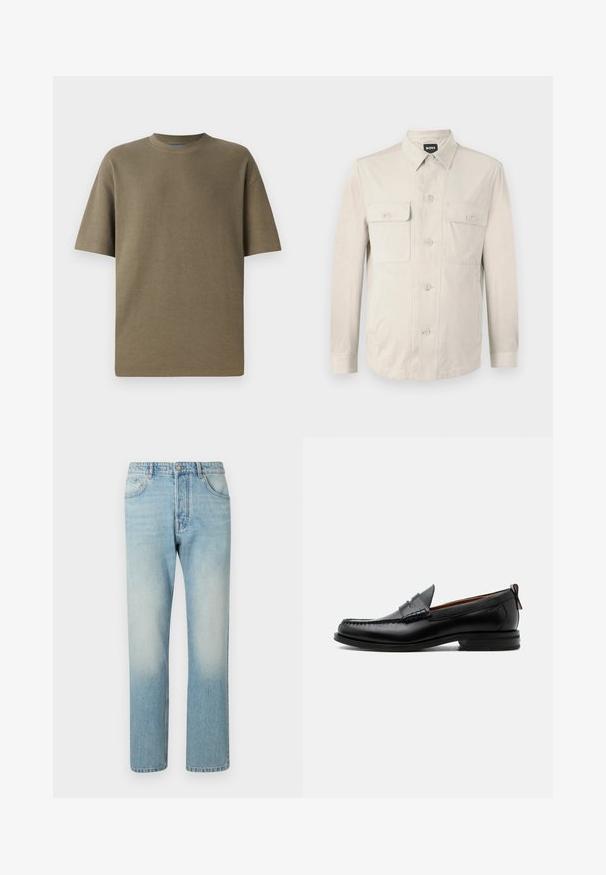 Camisa abotonada beige claro con mangas largas, dos bolsillos frontales y collar clásico. Hecha de una tela suave con un ajuste relajado.; Camiseta de manga corta de canalé en color caqui con cuello redondo, que presenta un ajuste holgado y una textura suave, adecuada para un uso casual.; Jeans de color azul claro hechos de denim, con un diseño de pierna recta, estructura de cinco bolsillos y efecto de lavado desgastado en los muslos.; Mocasín de hombre de piel negra con costura moc toe, tira penny, cuello texturizado y tacón bajo apilado sobre fondo blanco.