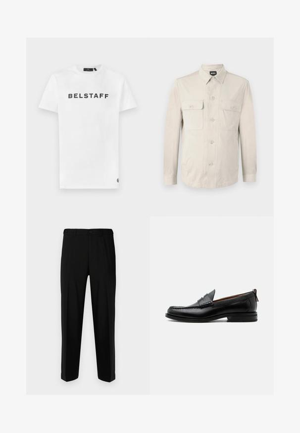 Lichtbeige overhemd met lange mouwen, twee voorkruiden en een klassieke kraag. Gemaakt van een zachte stof met een relaxte pasvorm.; Witte katoenen t-shirt met een zwart 'BELSTAFF' logo op de voorkant. Klassieke ronde hals en korte mouwen met een klein logo detail op de zoom.; Zwarte broek van gladde stof, met een rechte snit, twee voorzakken en een ritssluiting met knoopsluiting.; Zwarte leren herensloffen met moc toe stiksel, pennyriem, gestructureerde kraag en lage gestapelde hak op witte achtergrond.