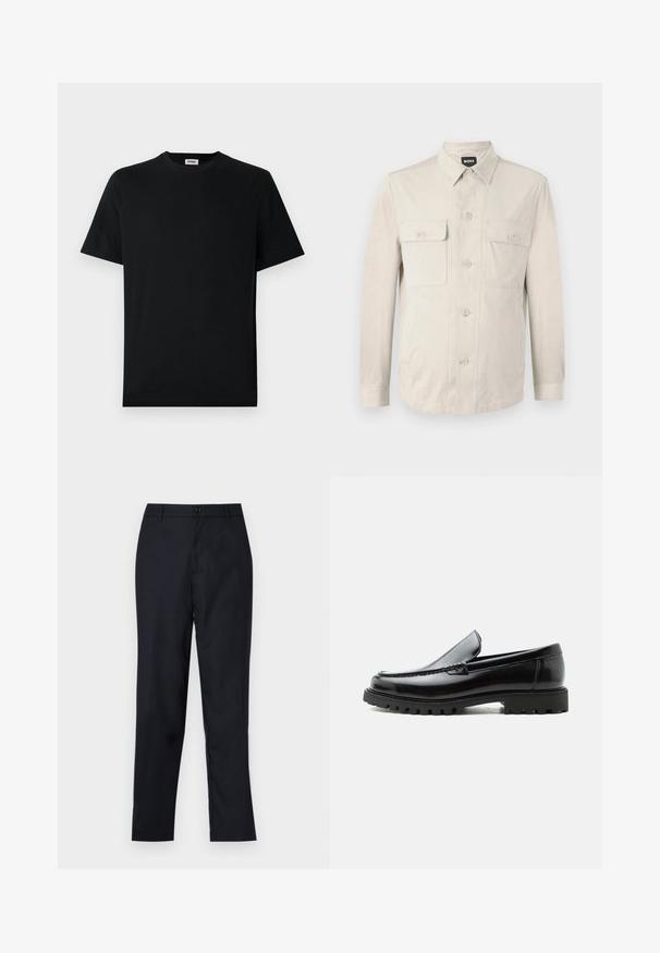 Camisa abotonada beige claro con mangas largas, dos bolsillos frontales y collar clásico. Hecha de una tela suave con un ajuste relajado.; Camiseta básica negra de manga corta con cuello redondo, exhibida plana sobre un fondo blanco, con una pequeña etiqueta de la marca en el interior del collar.; Pantalones azul marino de tejido suave, con un diseño de pierna recta, cierre de un solo botón y suaves plisados en la parte frontal.; Mocasín de cuero negro con suela de goma gruesa, empeine cosido y nombre de la marca en relieve en el talón, mostrado en perfil lateral sobre fondo blanco.