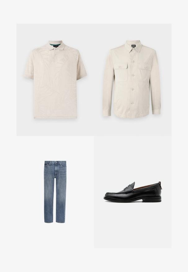 Camisa abotonada beige claro con mangas largas, dos bolsillos frontales y collar clásico. Hecha de una tela suave con un ajuste relajado.; Polo beige hecho de una tela texturizada que presenta un sutil patrón de hojas de palma. Tiene un cuello clásico y dos botones en el cuello.; Vaqueros de denim azul con pierna recta, bolsillos delanteros, trabillas para cinturón y cierre de botón.; Mocasín de hombre de piel negra con costura moc toe, tira penny, cuello texturizado y tacón bajo apilado sobre fondo blanco.