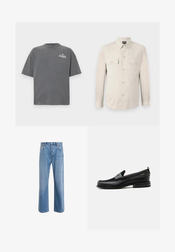 Hellbeige Hemd mit langen Ärmeln, zwei vorderen Taschen und klassischem Kragen. Aus glattem Stoff und in lockerer Passform.; Dunkelgraues T-Shirt mit kurzen Ärmeln und Rundhalsausschnitt mit kleinem weißen "ALLSAINTS"-Logo auf der oberen linken Brust.; Helle blaue Jeans im Geradeschnitt-Design, mit fünf Taschen, Knopfverschluss, minimaler Ausbleichung und kontrastierenden Nähdetails.; Schwarzer Lederloafer mit grauem Riemendetail, niedrigem Absatz und strukturierter Sohle, seitlich mit „HUGO“ in Gold gebrandmarkt.