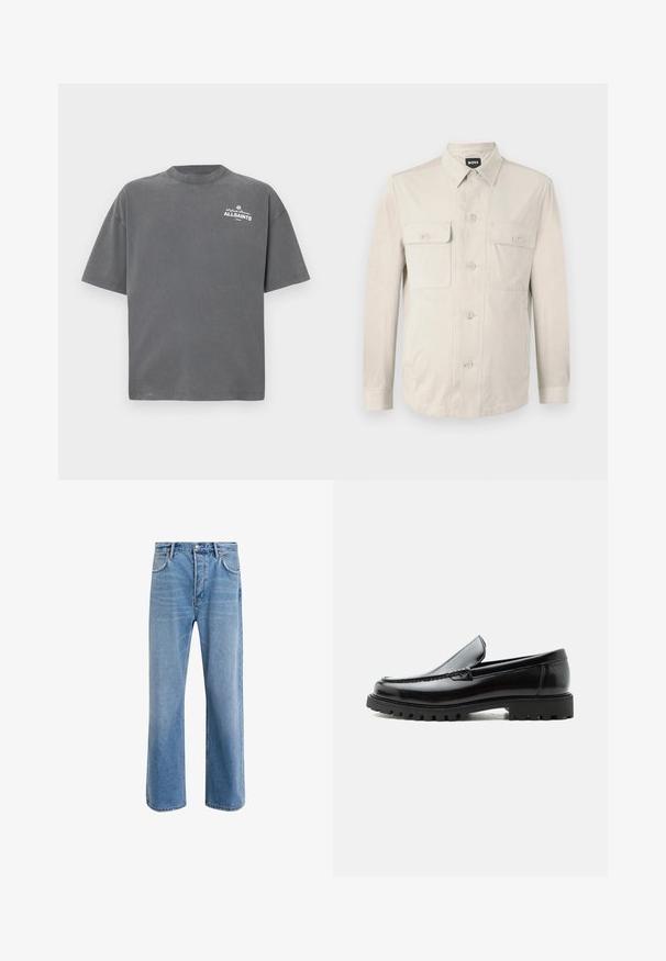 Hellbeige Hemd mit langen Ärmeln, zwei vorderen Taschen und klassischem Kragen. Aus glattem Stoff und in lockerer Passform.; Dunkelgraues T-Shirt mit kurzen Ärmeln und Rundhalsausschnitt mit kleinem weißen "ALLSAINTS"-Logo auf der oberen linken Brust.; Helle blaue Jeans im Geradeschnitt-Design, mit fünf Taschen, Knopfverschluss, minimaler Ausbleichung und kontrastierenden Nähdetails.; Schwarzer Lederloafer mit grober Gummisohle, genähter Oberseite und geprägtem Markennamen an der Ferse, seitlich auf weißem Hintergrund gezeigt.