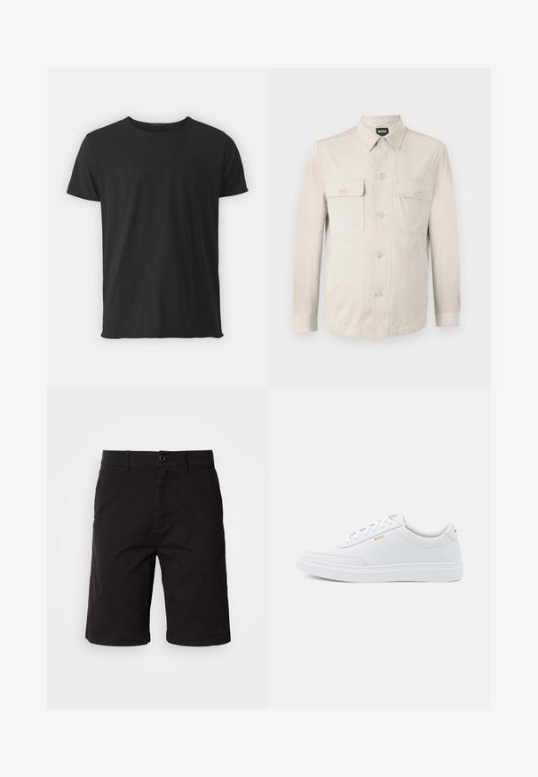 Lys beige skjorte med lange ærmer, to frontlommer og klassisk krave. Fremstillet af glat stof med en afslappet pasform.; Sort kortærmet t-shirt lavet af blødt bomuld, med en klassisk rund halsudskæring og en glat tekstur, samt en lige pasform.; Sorte shorts lavet af et letvægtsstof, med knaplukning foran, bæltesløjfer, sidelommer og lige snit med omslag på kanterne.; Hvide lædersneakers med glat tekstur, rund tå og ton-i-ton syning. Har blå snørebånd og et gult logo på siden.