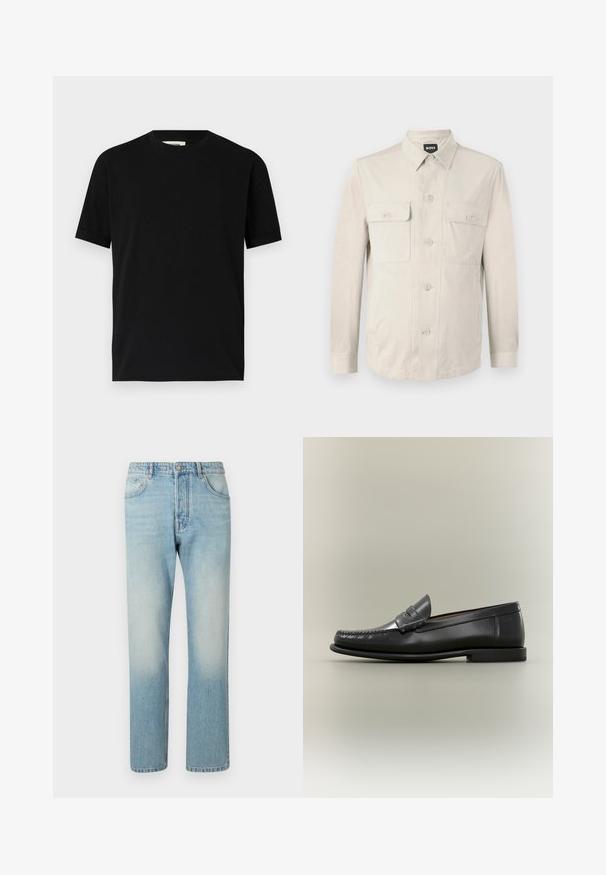 Chemise boutonnée beige clair à manches longues, avec deux poches avant et un col classique. Fabriquée en tissu lisse avec une coupe décontractée.; T-shirt noir à manches courtes en coton avec un col rond et une coupe ample. Texture lisse, sans motifs ni logos visibles.; Jeans bleu clair fabriqués en denim, présentant un design à jambe droite, une structure à cinq poches et un effet délavé au niveau des cuisses.; Mocassin pour homme en cuir noir avec un design moc-toe, une lanière à monnaie et un talon bas sur un fond neutre.