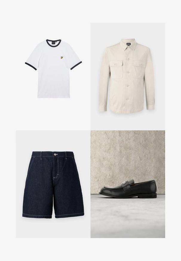 Chemise boutonnée beige clair à manches longues, avec deux poches avant et un col classique. Fabriquée en tissu lisse avec une coupe décontractée.; T-shirt en coton blanc avec col et bordures des manches côtelés bleu marine. Présente un petit logo jaune brodé sur la poitrine.; Shorts en denim foncé à coupe droite. Dotés d'une fermeture à bouton, de poches avant et de surpiqûres blanches contrastantes le long des bords.; Mocassin en cuir noir avec une plaque de marque en métal reposant près d'une table ronde marron sur un sol recouvert de moquette beige.