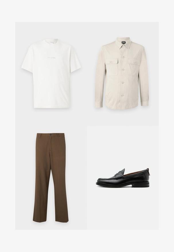 Hellbeige Hemd mit langen Ärmeln, zwei vorderen Taschen und klassischem Kragen. Aus glattem Stoff und in lockerer Passform.; Weißes Baumwoll-T-Shirt mit Rundhalsausschnitt, kurzen Ärmeln und einem kleinen Logo-Aufdruck auf der Vorderseite. Glatte Textur und lässige Passform.; Braune, gerade geschnittene Hosen aus strukturiertem Stoff, mit Knopfverschluss und normalem Bund, seitlichen Taschen und taillierten Nähten.; Schwarzer Leder-Herrenschuh mit Mokassinnaht, Penny-Riemen, strukturiertem Kragen und niedrigem gestapeltem Absatz auf weißem Hintergrund.