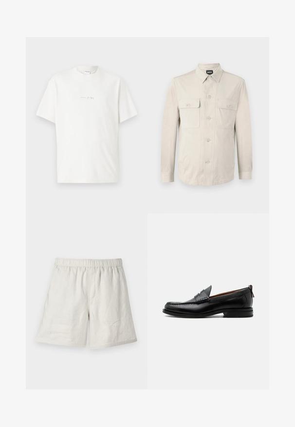 Lys beige skjorte med lange ærmer, to frontlommer og klassisk krave. Fremstillet af glat stof med en afslappet pasform.; Hvid bomulds T-shirt med rund hals, korte ærmer og et lille trykt logo på forsiden. Glat tekstur og afslappet pasform.; Lysbeige linnedshorts med elastisk talje, der har en afslappet pasform og minimale sømme for et simpelt, afslappet design.; Sort læder herre loafer med moc-tå syning, penny strop, struktureret krave og lav stablet hæl på hvid baggrund.