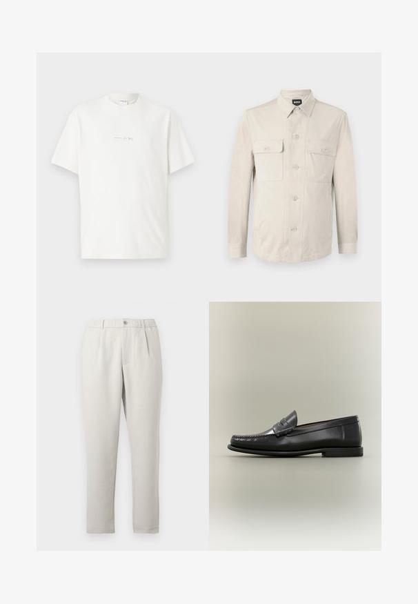 Camisa abotonada beige claro con mangas largas, dos bolsillos frontales y collar clásico. Hecha de una tela suave con un ajuste relajado.; Camisa de algodón blanca con cuello redondo, mangas cortas y un pequeño logo impreso en la parte delantera. Textura suave y corte relajado.; Pantalones de corte relajado en beige claro con un ligero brillo, que cuentan con una cintura elástica, bolsillos frontales y un diseño de pierna estrechada.; Mocasín de hombre de cuero negro con diseño moc-toe, tira de tipo penny y tacón bajo sobre fondo neutro.