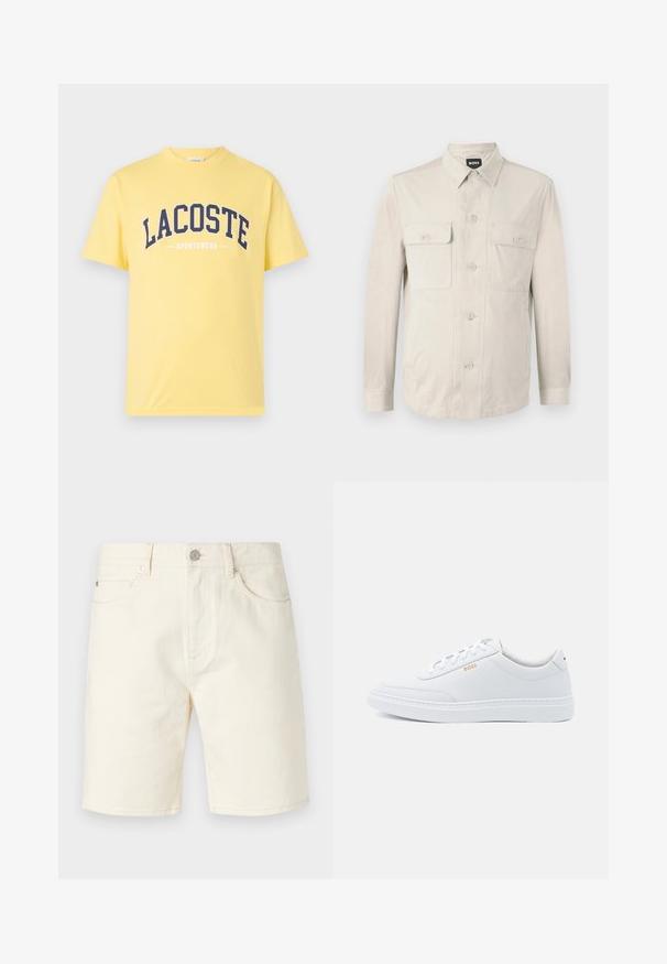 Lys beige skjorte med lange ærmer, to frontlommer og klassisk krave. Fremstillet af glat stof med en afslappet pasform.; Gul bomulds T-shirt med navy blå "LACOSTE" logo og "SPORTSWEAR" tekst nedenfor. Enkel design med rund hals og korte ærmer.; Lys beige denim shorts med klassisk skæring, der har frontendepoker, bæltesløjfer og knaplukning. Glat tekstur med ensfarvet farve.; Hvide lædersneakers med glat tekstur, rund tå og ton-i-ton syning. Har blå snørebånd og et gult logo på siden.