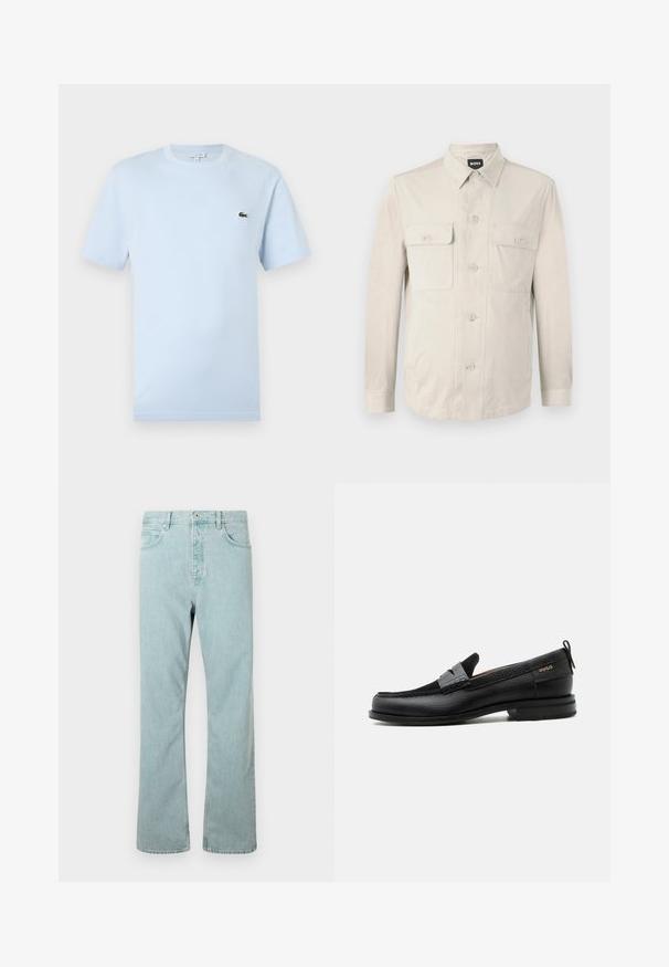 Hellbeige Hemd mit langen Ärmeln, zwei vorderen Taschen und klassischem Kragen. Aus glattem Stoff und in lockerer Passform.; Helles blaues T-Shirt mit kurzen Ärmeln aus weichem Baumwollmaterial. Verfügt über ein kleines grünes gesticktes Krokodil-Logo auf der Brust.; Hellblaue Jeans aus Denim mit geradem Schnitt, fünf Taschen und einem einzigen Knopfverschluss. Abgerundet mit dezenten Steppdetails.; Schwarzer Lederloafer mit grauem Riemendetail, niedrigem Absatz und strukturierter Sohle, seitlich mit „HUGO“ in Gold gebrandmarkt.