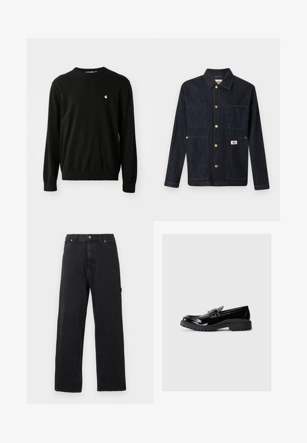 Donker denimjack met kraag, vijf gouden drukknopen, drie voorzakken en een klein merkembleem op de rechteronderzak.; Zwarte katoenen trui met lange mouwen, ronde halslijn, geribde manchetten en onderkant. Heeft een klein wit logo aan de zijkant van de borst.; Zwarte jeans met rechte pijpen, voorzakken, riemlussen, knoopsluiting en zichtbare naadstiksels op een effen achtergrond.; Zwarte gepatineerde leren instappers met een ronde neus, decoratieve band en een chunky rubberen zool met diepe groeven voor extra grip.