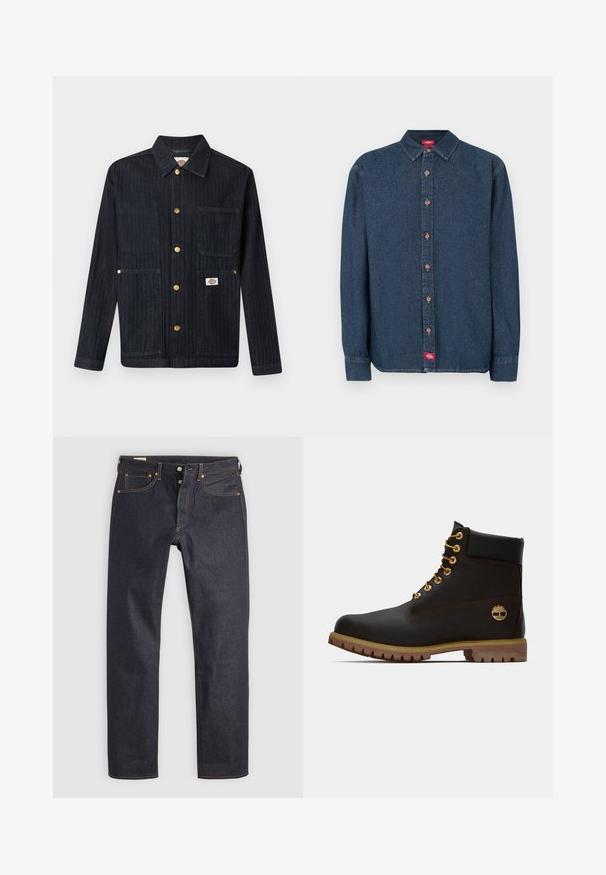 Mørk denimjakke med krave, fem guldknapper med tryk, tre forlommer og et lille mærkelogo på den nederste højre lomme.; Mørkeblå denimskjorte med knapper, spids krave, lange ærmer og kobberknapper. Har et lille rødt mærke på venstre side.; Mørkeblå denimjeans med lige ben, prydet med orange syninger og klassisk fem-lomme design. Lukning med knap og lynlås.; Sorte læder ankelstøvle med gyldne øjer, brune detaljer og gummisål. Har en polstret krave og præget logo på siden.