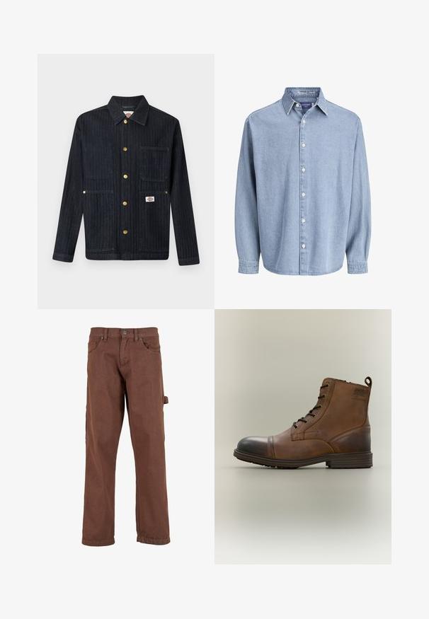 Dunkle Denimjacke mit Kragen, fünf goldenen Druckknöpfen, drei Vordertaschen und einem kleinen Markenlogo auf der unteren rechten Tasche.; Himmelblaue Jeanshemd mit langen Ärmeln, Kragen und weißen Knöpfen, präsentiert vor einem schlichten weißen Hintergrund.; Braune Cargo-Hose aus robustem Stoff, mit geradem Bein, Fronttaschen und einer Seitentasche mit Klappe.; Brauner Leder-Schnürstiefel bis zum Knöchel mit schwarzer Zehenkappe, runder Sohle und Markenlabel an der Seite vor schlichtem Hintergrund.