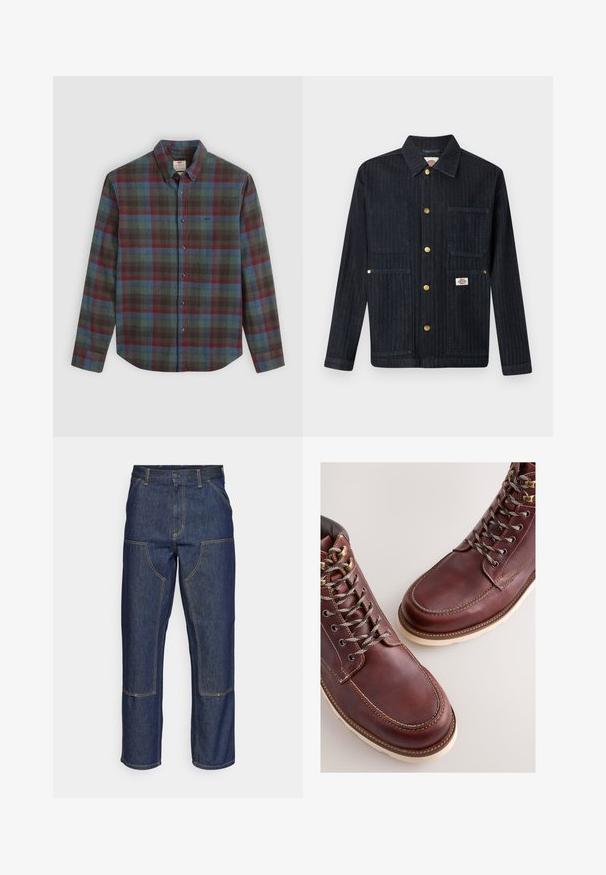 Veste en denim foncé avec col, cinq boutons-pression dorés, trois poches avant et un petit logo de la marque sur la poche inférieure droite.; Chemise à manches longues pour hommes avec un motif tartan rouge, bleu et vert, col écarté et une poche poitrine.; Jeans en denim bleu foncé avec une taille haute, une coupe droite, des coutures contrastantes et des poches appliquées à l'avant.; Bottes en cuir marron à finition lisse, dotées d'œillets métalliques, de lacets gris et d'une semelle en caoutchouc de couleur crème. Détails de coutures le long des bords.