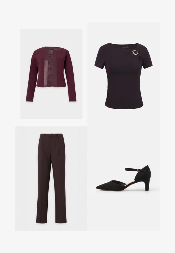 Bordeaux cropped jasje met lange mouwen, open voorkant en satijnen bies langs de kraag en voorranden. Geen knopen of sluitingen zichtbaar.; Donkerpaars nauwsluitend topje met korte mouwen, asymmetrische halslijn en een decoratieve gouden ovale gesp op de linker schouder.; Donkerbruine formele broek met plooien, riemlussen en een rechte pijp.; Zwarte suède pump met een spitse neus, enkelbandje met een ronde gesp en een lage blokhak. Glad textuur en minimalistisch ontwerp.