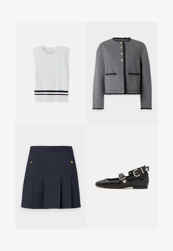 Grå uld cardigan med sort kant, fire guldknapper foran, to forlommer og lange ærmer.; Lys grå ærmeløs sweater med et kabelstrikket mønster og en stribet ribkant i marineblå, grøn og creme. Blød tekstur.; Mørkeblå navy nederdel med tynde striber, forplissering foran og to klaplommer på hver side med guldknapper.; Sorte patenteret lædersko med firkantet tå, ankelrem med sølvhardware og flad sål. Glat tekstur med minimalistisk design.