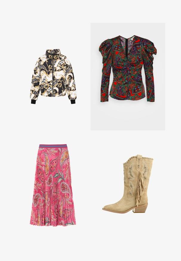 Sort, hvid og guld pufferjakke med intrikate barok- og kædemønstre, frontlynlås, høj krave og sorte ribbede manchetter.; Veronica Beard SIMMONS - Bluse - flame red multi; Lyserød plisseret nederdel med blomster- og paisleymønstre, med en kontrasterende turkise stribet talje. Lavet af letvægtsstof.; Beige ruskind knee-high cowboystøvle med dekorativ syning, metalnitter, frynser på siden og stablet træhæle.