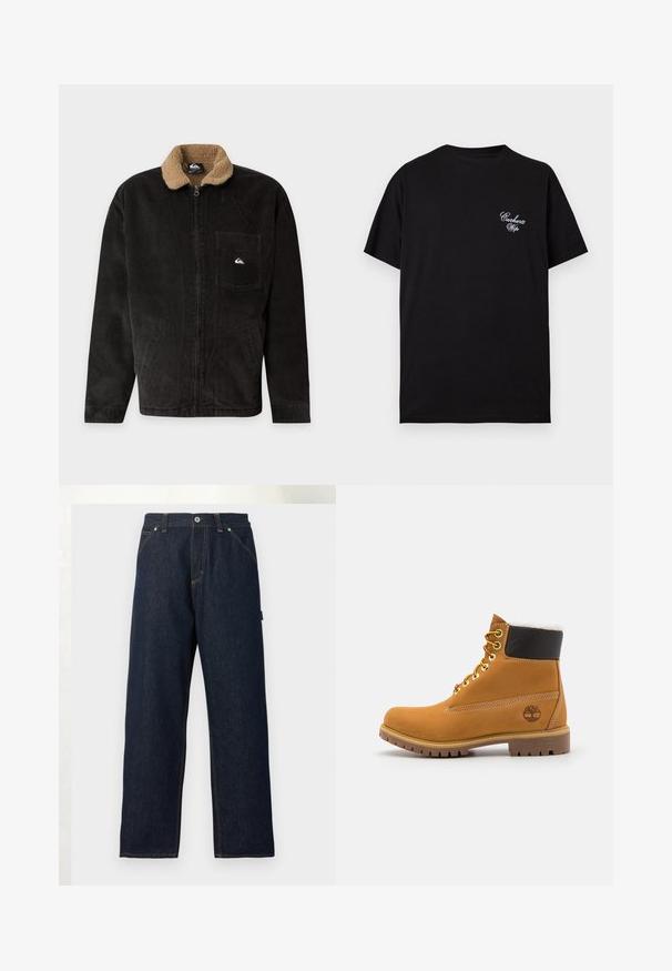 Black corduroy jacket with tan fleece collar, front zipper, and chest pocket featuring a small white logo patch.; Black short-sleeve crew neck T-shirt with small white script text "Carhartt Wip" on the left chest.; Dark blue straight-leg denim jeans with front pockets, belt loops, and a button closure at the waist against a plain background.; Brown leather ankle boot with metal eyelets, white fur lining, black padded collar, rugged sole, and embossed logo on the side.
