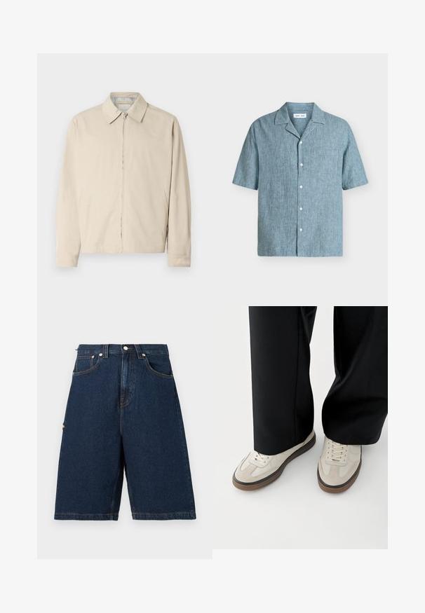 Beige letvægtsjakke med spidse krave, front lynlås lukning og sidelommer. Glat tekstur og enkelt design.; Blå og hvid lodret striped kortærmet skjorte med knapper, en brystlomme og en hakket krave.; Mørkeblå denimshorts i løs pasform med to frontlommer og en enkelt baglomme, afsluttet med orange syninger.; Fødder iført beige sneakers med brune såler og sorte bukser med vide ben på hvid baggrund.