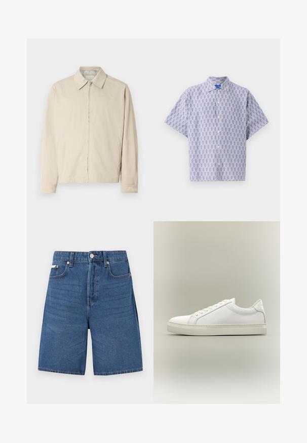 Veste légère beige avec un col pointu, fermeture éclair à l'avant et poches latérales. Texture lisse et design simple.; Chemise à manches courtes boutonnée en bleu clair avec un motif géométrique bleu foncé. Elle présente un col et une coupe décontractée. Fabriquée en tissu léger.; Short en denim bleu clair avec fermeture éclair devant, bouton, passants de ceinture et cinq poches, présenté sur fond blanc uni.; Baskets blanches basses à lacets sur l’avant et semelle épaisse, vues de côté sur un fond neutre.
