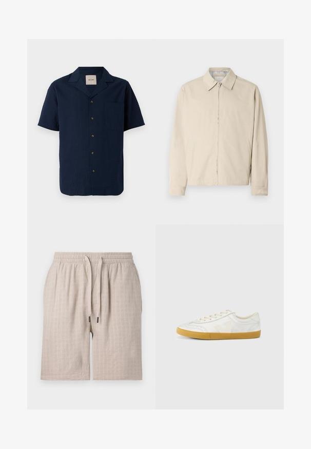 Beige letvægtsjakke med spidse krave, front lynlås lukning og sidelommer. Glat tekstur og enkelt design.; Marineblå kortærmet skjorte med et struktureret mønster, knaplukning og en enkelt brystlomme. Materialet ser let og åndbart ud.; Beige, strukturerede shorts med elastisk talje og snore. Har et subtilt ternet mønster og løs pasform. Ingen lommer synlige.; Hvid lædersneaker med en glat tekstur, med en beige 'V'-logo, rund tå, snørelukning og en sål af gumgummi.