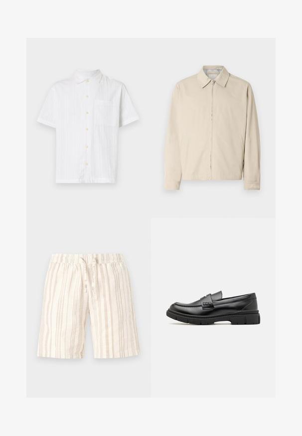 Beige lichtgewicht jack met een puntige kraag, ritssluiting aan de voorkant en zijzakken. Glad textuur en eenvoudig ontwerp.; Witte short-sleeve shirt met een knoopsluiting aan de voorkant, voorzien van een enkele zak, gestructureerde stof en lichtgele knopen.; Lichtbeige shorts met verticale strepen in verschillende tinten. Voorzien van een elastische tailleband en een koord voor aanpassing. Zacht, gestructureerd materiaal.; Zwarte leren instapper met een brede band over de voet, rubberen zool met dikke noppen en een gladde textuur. Klassiek, strak ontwerp.