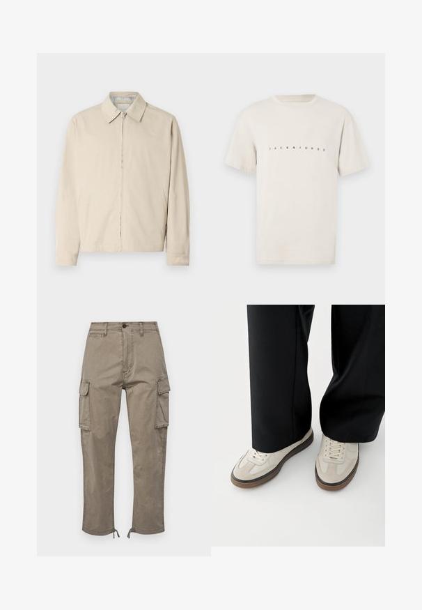 Veste légère beige avec un col pointu, fermeture éclair à l'avant et poches latérales. Texture lisse et design simple.; T-shirt beige clair en coton doux. Il dispose de manches courtes et d'un col rond, avec "JACK & JONES" imprimé en noir sur la poitrine.; Un pantalon cargo de couleur taupe atténuée, fabriqué en coton, avec des poches latérales, une coupe droite et des ourlets ajustables avec cordons de serrage.; Pieds portant des baskets beige avec des semelles marron et un pantalon noir à jambes larges sur fond blanc.