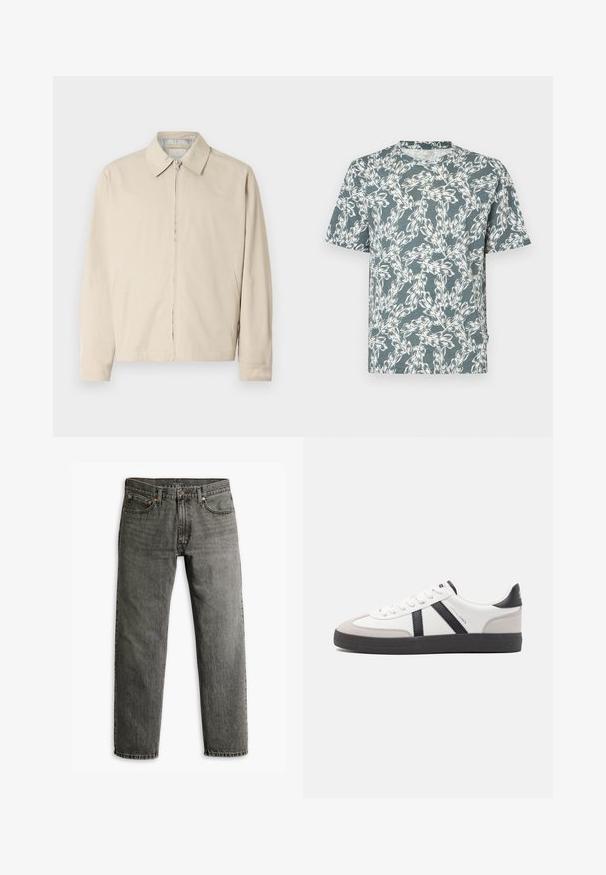 Beige lichtgewicht jack met een puntige kraag, ritssluiting aan de voorkant en zijzakken. Glad textuur en eenvoudig ontwerp.; Korte mouwen T-shirt in een teal kleur, met een wit bloemenpatroon. Gemaakt van lichtgewicht stof met een ontspannen pasvorm.; Grijze denim jeans met een recht model, klassieke vijf-pocket styling en subtiele stiksels op de naden en zakken.; Witte sneaker met zwarte en grijze accenten, voorzien van een grijze neus met textuur, zwarte rubberen zool en platte witte veters. Schoon ontwerp, minimalistische stijl.