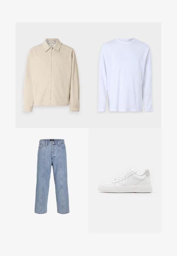 Beige letvægtsjakke med spidse krave, front lynlås lukning og sidelommer. Glat tekstur og enkelt design.; Hvid langærmet t-shirt lavet af blød bomuld, med en rund halsudskæring og subtile syninger over fronten og skuldrene.; Lysblå denimjeans med løs pasform, brede ben og synlige syninger. Har knap- og lynlåslukning samt fem lommer.; Hvide lædersneakers med en glat finish, rund tå, flade snørebånd og en struktureret sål. Grå ruskindsdetalje ved hælen.