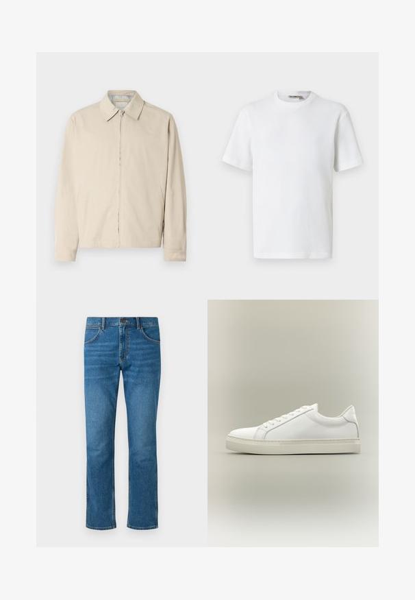 Beige letvægtsjakke med spidse krave, front lynlås lukning og sidelommer. Glat tekstur og enkelt design.; Hvid kortærmet t-shirt i vaffelmønster med rund hals og et lille mærke med brandnavn inde i kraven, vist på en ensfarvet baggrund.; Blå denim jeans med fem lommer, knaplukning og lige ben. Har subtilt slid og kontrastsyede detaljer.; Hvid lavtop sneaker med snørebånd foran og tyk sål, vist fra siden mod en neutral baggrund.