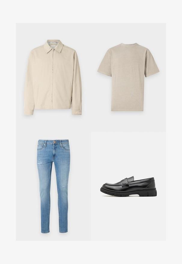 Beige letvægtsjakke med spidse krave, front lynlås lukning og sidelommer. Glat tekstur og enkelt design.; Kortærmet T-shirt i lys beige med rund hals, lavet af blødt stof, med en glat tekstur og et enkelt design uden grafik.; Lys blå denimjeans med en slim fit, der har mindre slidte detaljer og en fem-pocket design, afsluttet med en standard knaplukning.; Sort læder loafersko med en bred rem over forfoden, gummisål med tykke mønstre og glat overflade. Klassisk, slankt design.