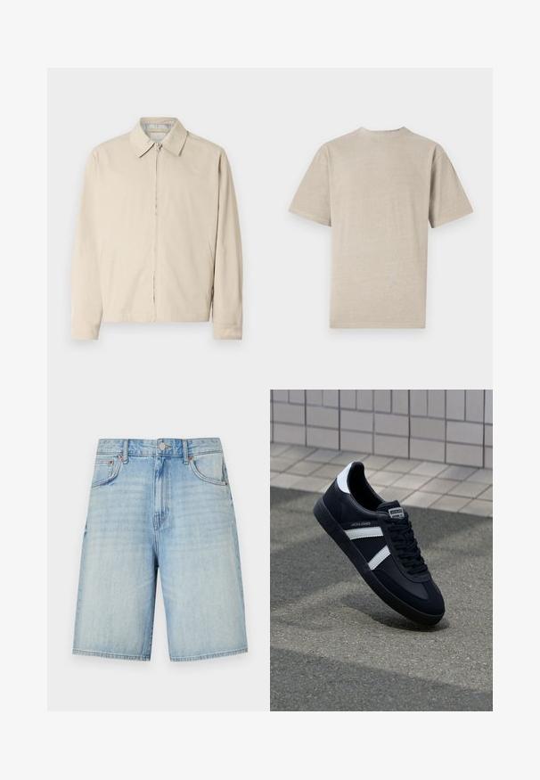 Beige lichtgewicht jack met een puntige kraag, ritssluiting aan de voorkant en zijzakken. Glad textuur en eenvoudig ontwerp.; Korte mouwen t-shirt in licht beige met een ronde hals, gemaakt van zacht materiaal, met een gladde textuur en een eenvoudig ontwerp zonder graphics.; Lichtblauwe denimshorts met een rechte snit, voorzien van een knoop- en ritsluiting, vijf zakken en een licht vervaagde afwerking.; Zwarte leren sneaker met witte strepen, een gestructureerde rubberen zool en vetersluiting aan de voorkant. Voorzien van een merklabel op de tong.